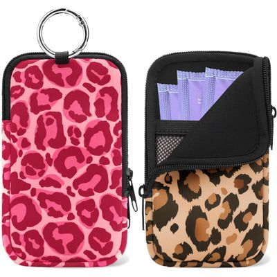 2 Pack Portable Tampon Holder Zippered Pouch with Snap Hook, Waterproof Travel-Friendly Discreet Period Bag, Feminine Products Organizer for Women Purse (Leopard)