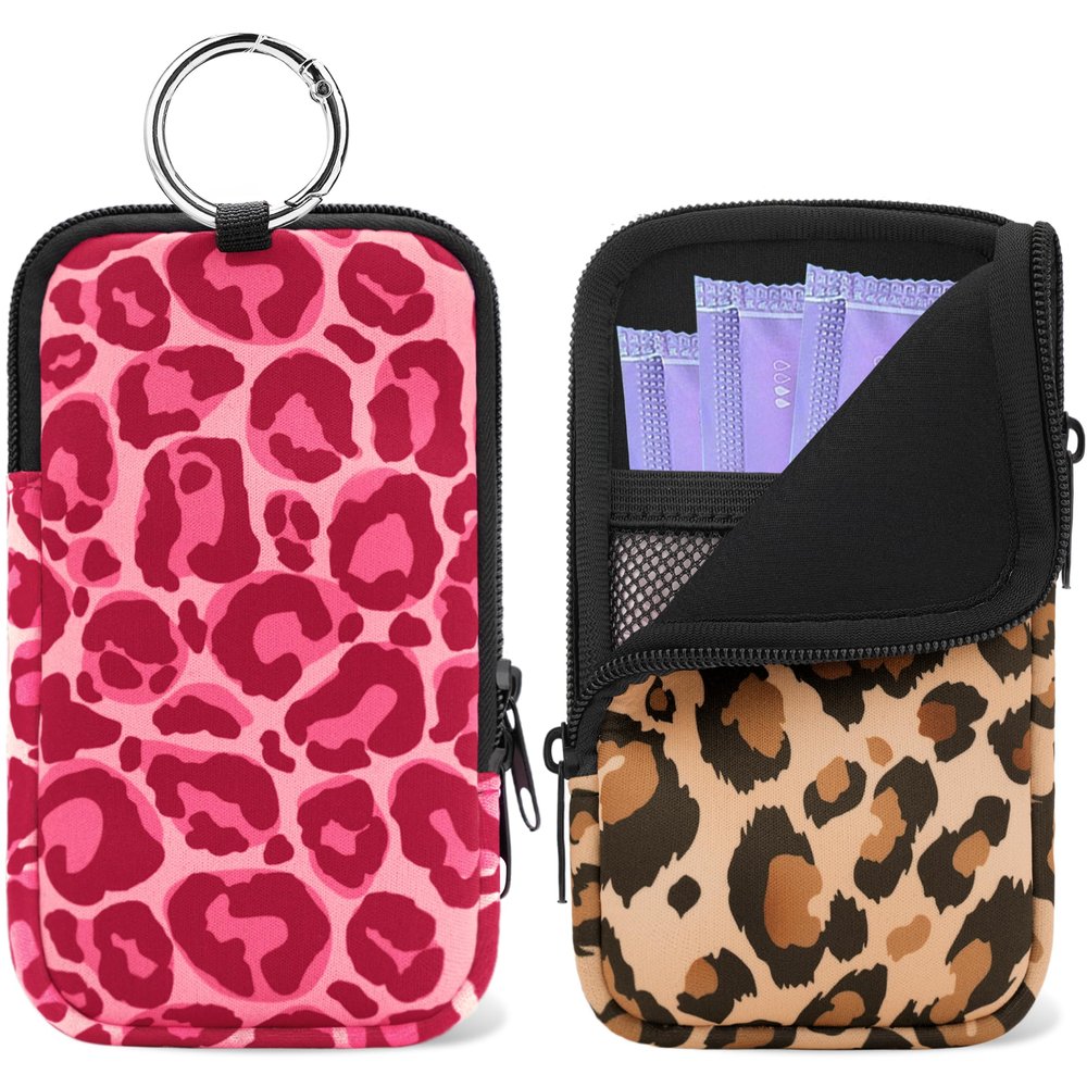 2 Pack Portable Tampon Holder Zippered Pouch with Snap Hook, Waterproof Travel-Friendly Discreet Period Bag, Feminine Products Organizer for Women Purse (Leopard)