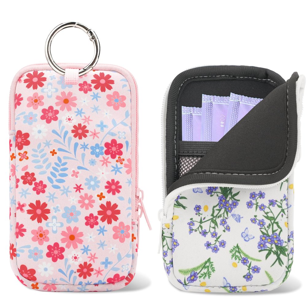2 Pack Portable Tampon Holder Zippered Pouch with Snap Hook, Waterproof Travel-Friendly Discreet Period Bag, Feminine Products Organizer for Women Purse (Floral)
