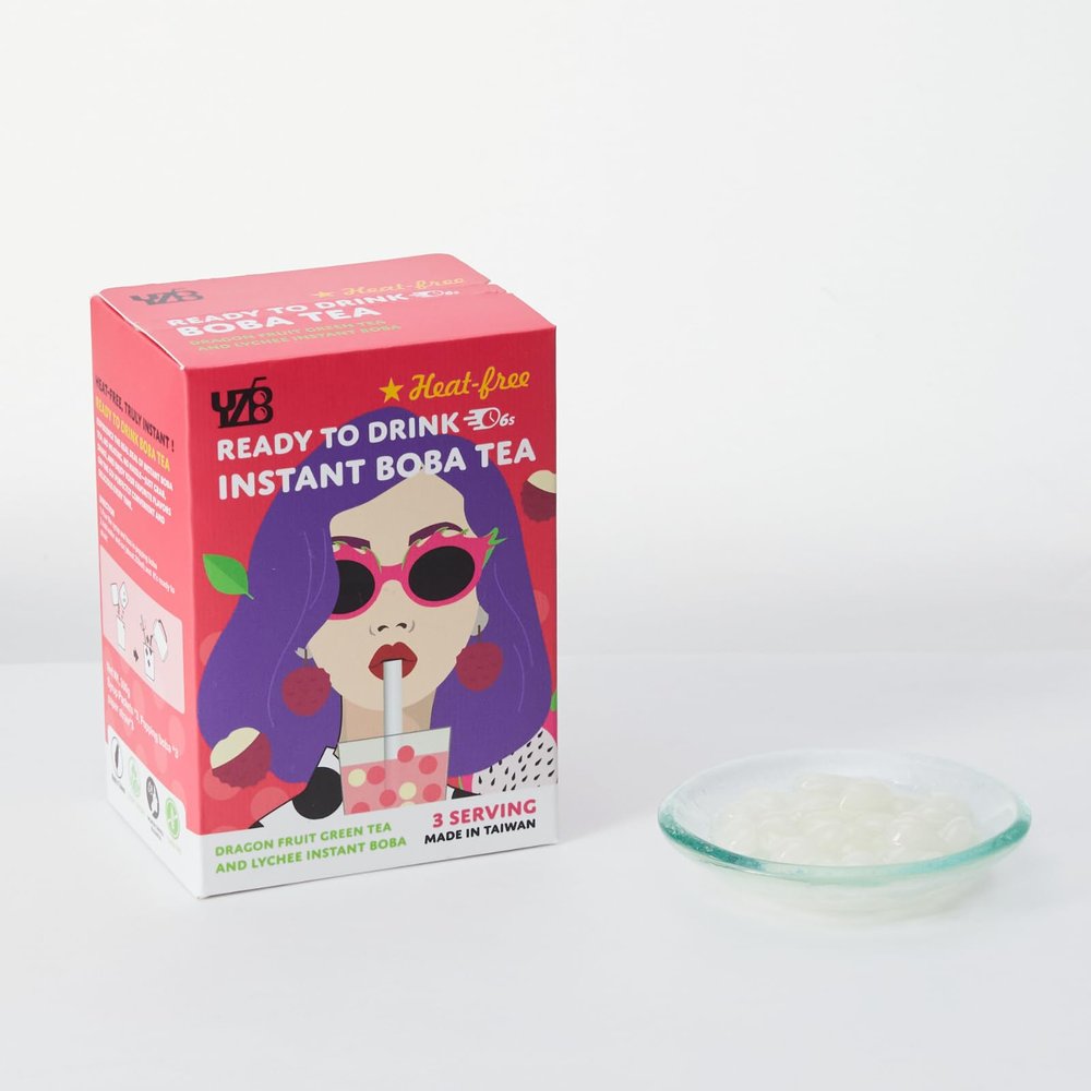 YZB Instant Boba Drink Kit, Crystal Bubble Fruit Tea (Jelly-Style), Dragon Fruit Green Tea with Lychee-Flavored Bubble, No Heat Needed, DIY, Mix & Sip in seconds, 3 Servings with Straws