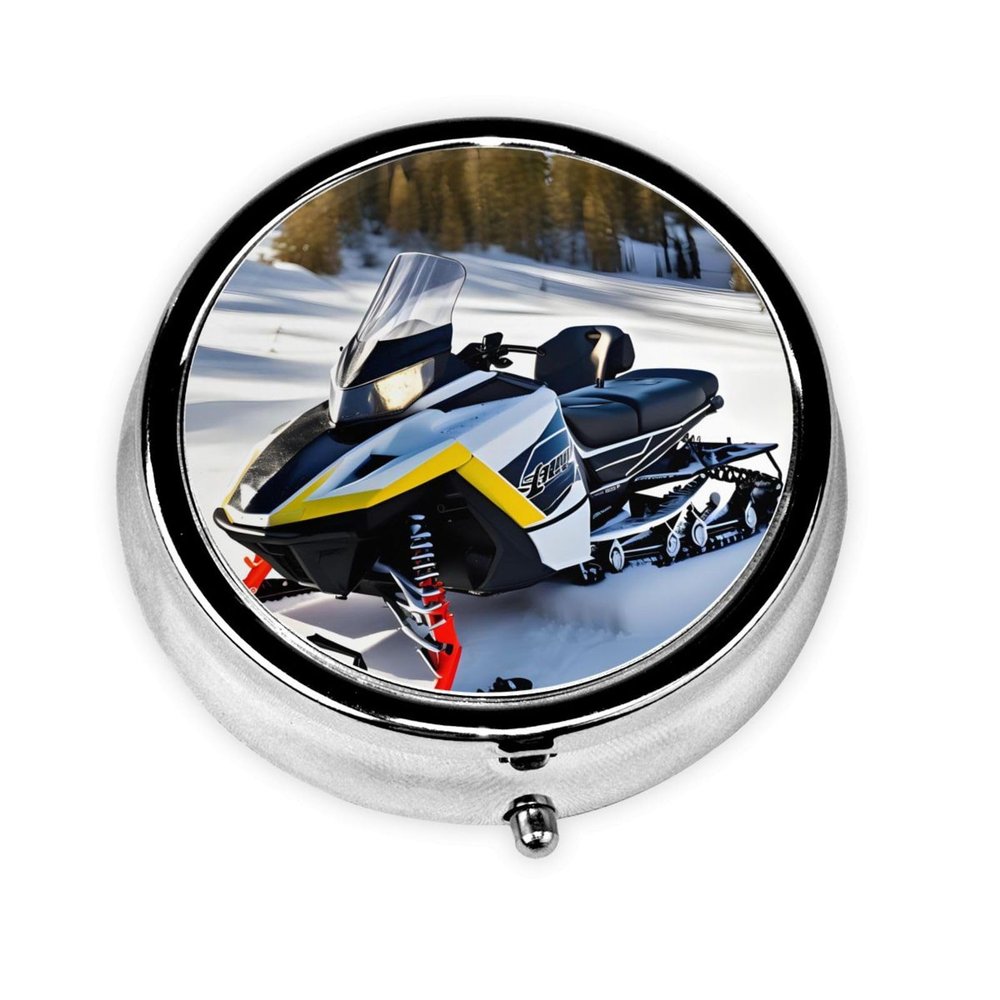 Advanced Snowmobile Round Pill Box.Mini Full Printed Metal Pillbox. Travelfriendly 3compartment Design, 2.0 x 2.0 x 0.7 inches.