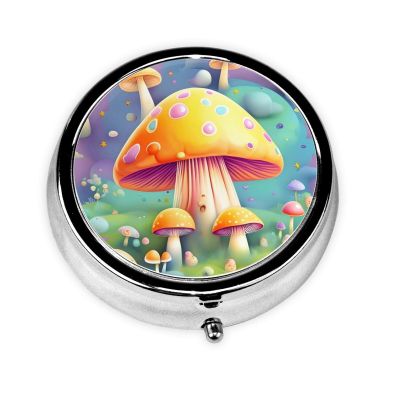 Fantasy Dream Mushroom Round Pill Box.Mini Full Printed Metal Pillbox. Travelfriendly 3compartment Design, 2.0 x 2.0 x 0.7 inches.