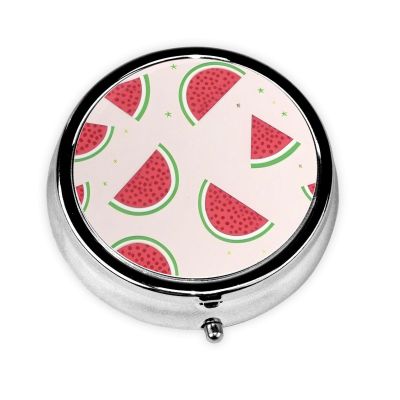Pink Watermelon Round Pill Box.Mini Full Printed Metal Pillbox. Travelfriendly 3compartment Design, 2.0 x 2.0 x 0.7 inches.