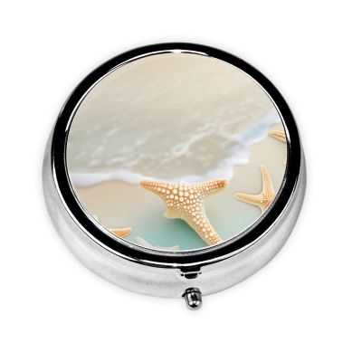 Beach Starfish Round Pill Box.Mini Full Printed Metal Pillbox. Travelfriendly 3compartment Design, 2.0 x 2.0 x 0.7 inches.