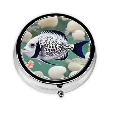 White Tropical Fish Round Pill Box.Mini Full Printed Metal Pillbox. Travelfriendly 3compartment Design, 2.0 x 2.0 x 0.7 inches.