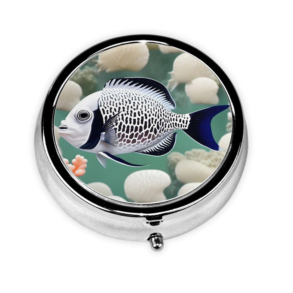 White Tropical Fish Round Pill Box.Mini Full Printed Metal Pillbox. Travelfriendly 3compartment Design, 2.0 x 2.0 x 0.7 inches.