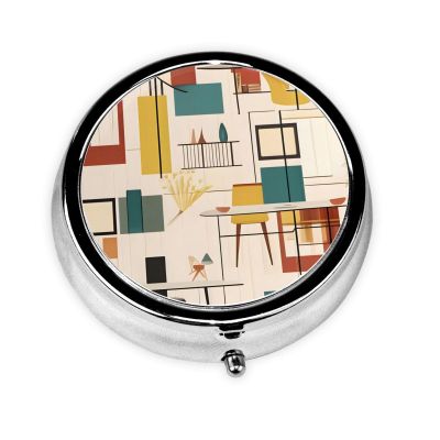 Mid Century Modern Round Pill Box.Mini Full Printed Metal Pillbox. Travelfriendly 3compartment Design, 2.0 x 2.0 x 0.7 inches.