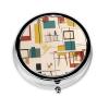 Mid Century Modern Round Pill Box.Mini Full Printed Metal Pillbox. Travelfriendly 3compartment Design, 2.0 x 2.0 x 0.7 inches. view 1