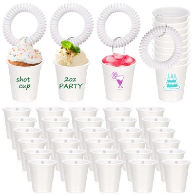 30 Pcs White Shot Cups with Wristband for Party 2oz Plastic Shot Glasses Bulk Disposable Mini Shot Glasses with Bracelet Wear On Solo Cups for Wedding Graduation Party Beer Taste Serving Birthday
