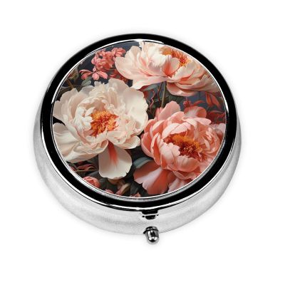 Bright White Peonies Round Pill Box.Mini Full Printed Metal Pillbox. Travelfriendly 3compartment Design, 2.0 x 2.0 x 0.7 inches.
