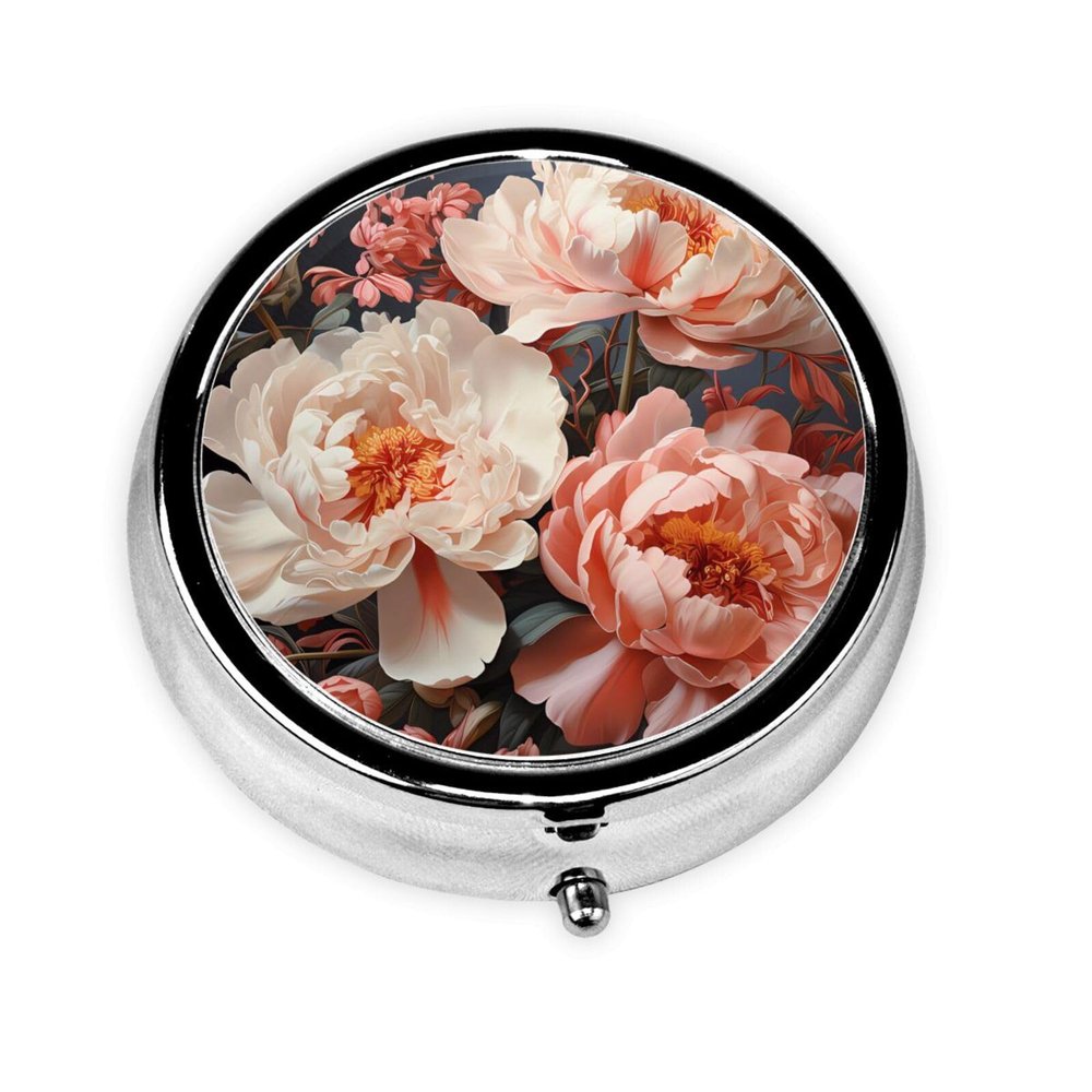 Bright White Peonies Round Pill Box.Mini Full Printed Metal Pillbox. Travelfriendly 3compartment Design, 2.0 x 2.0 x 0.7 inches.