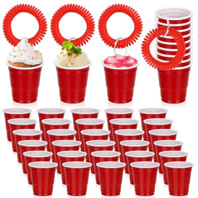 30 Pcs Red Shot Cups with Wristband for Party 2oz Plastic Shot Glasses Bulk Disposable Mini Shot Glasses with Bracelet Wear On Solo Cups for Valentine Carnivals Weddings Party Games Events Supplies