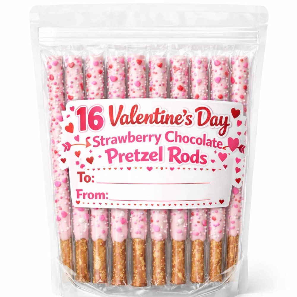 16 Valentines Day Strawberry Chocolate Pretzel Rods Individually Wrapped