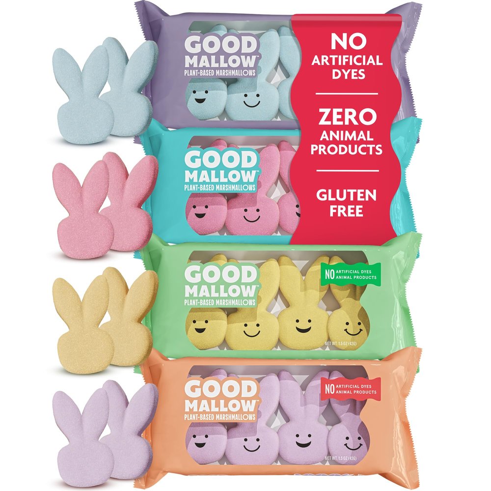 GoodMallow Plant-Based Easter Bunny Shaped Marshmallows 4 x 4 Assorted Bunnies 100% Vegan Marshmallows with No Artificial Dyes Non-Dairy, Gluten Free, Gelatin Free Marshmellows, Pastel Party Candy (16 Assorted Bunnies)