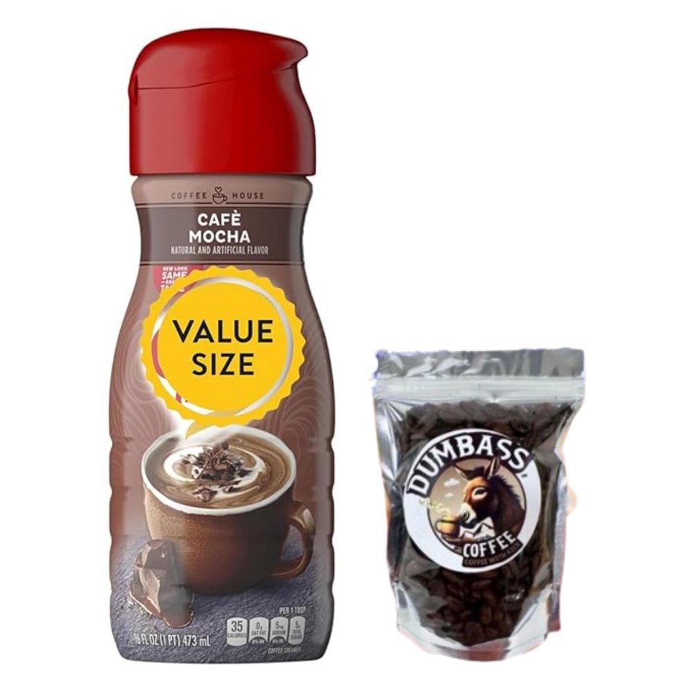Premium Liquid Coffee Creamer 16 fl oz Bottle of Creamy Smooth Non-Dairy Creamer with Dumbass Coffee Whole CoffeeBean Medium/Dark 1 oz (Cafe Mocha) Coffee