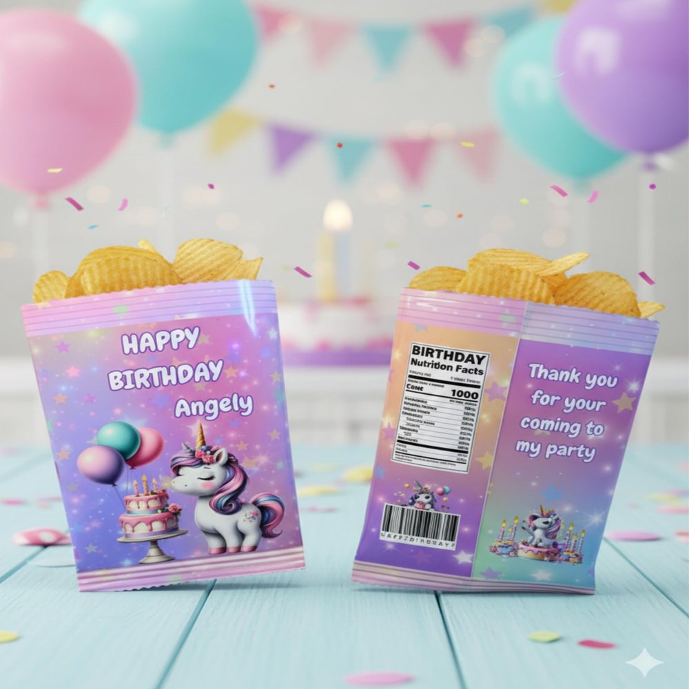 Personalized Party Favor Chip Bags Set of 12 | Custom Birthday Snack Bags | Empty Treat Bags for Kids Parties