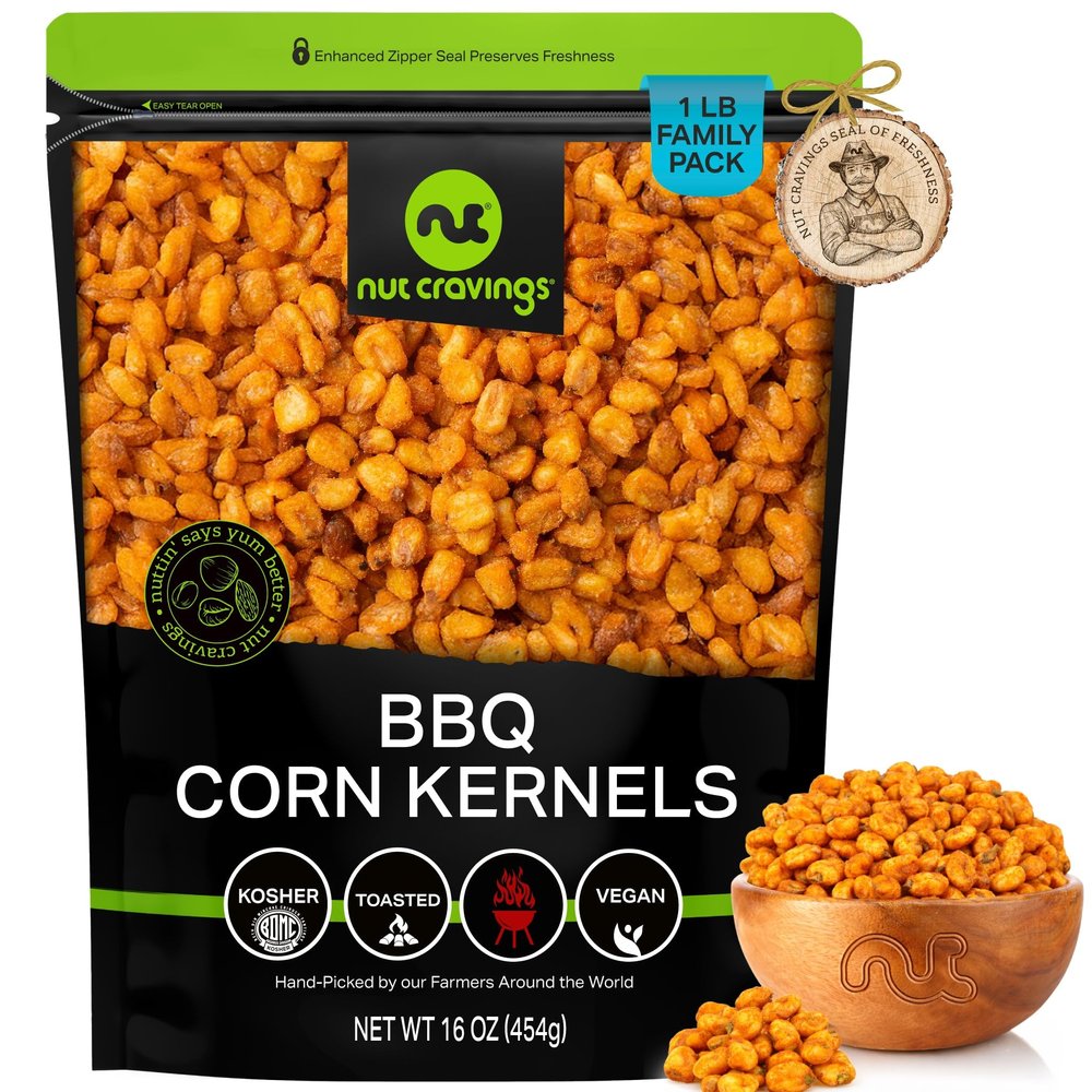 NUT CRAVINGS - Toasted Crunchy Corn Kernels - BBQ Flavor Roasted & Salted (16oz - 1 LB) Packed Fresh in Resealable Bag - Healthy Snack, Food Assortments