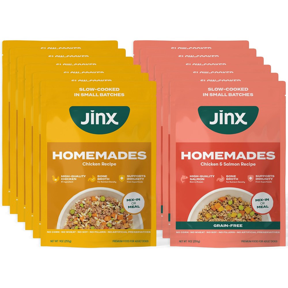 Jinx Wet Dog Food Toppers, Homemades Variety 6 Pack - Chicken & Grain Free Chicken & Salmon - Meal & Mix in Dry Dog Food Toppers Made with Real Ingredients, No Fillers - Puppy, Adult & Senior - 9oz