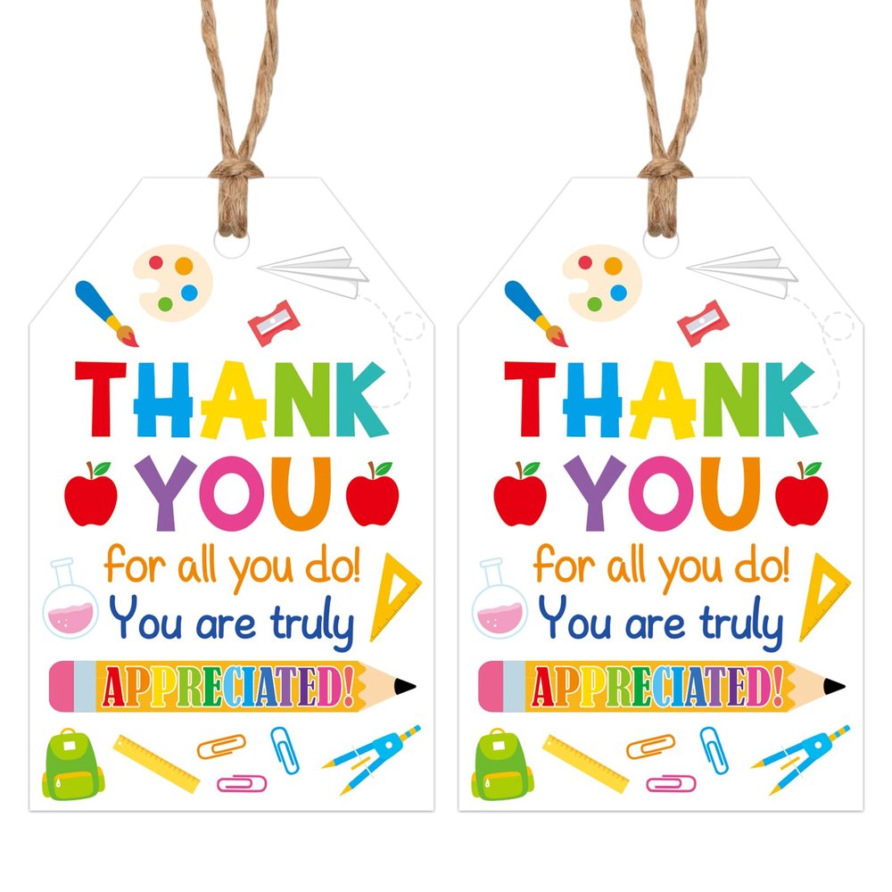 100 Pcs Thank You Teachers Tags with String Gifts Hanging Tags Labels Teachers Appreciation Week Boxes Bags Wrapping Supplies (Tag-1)