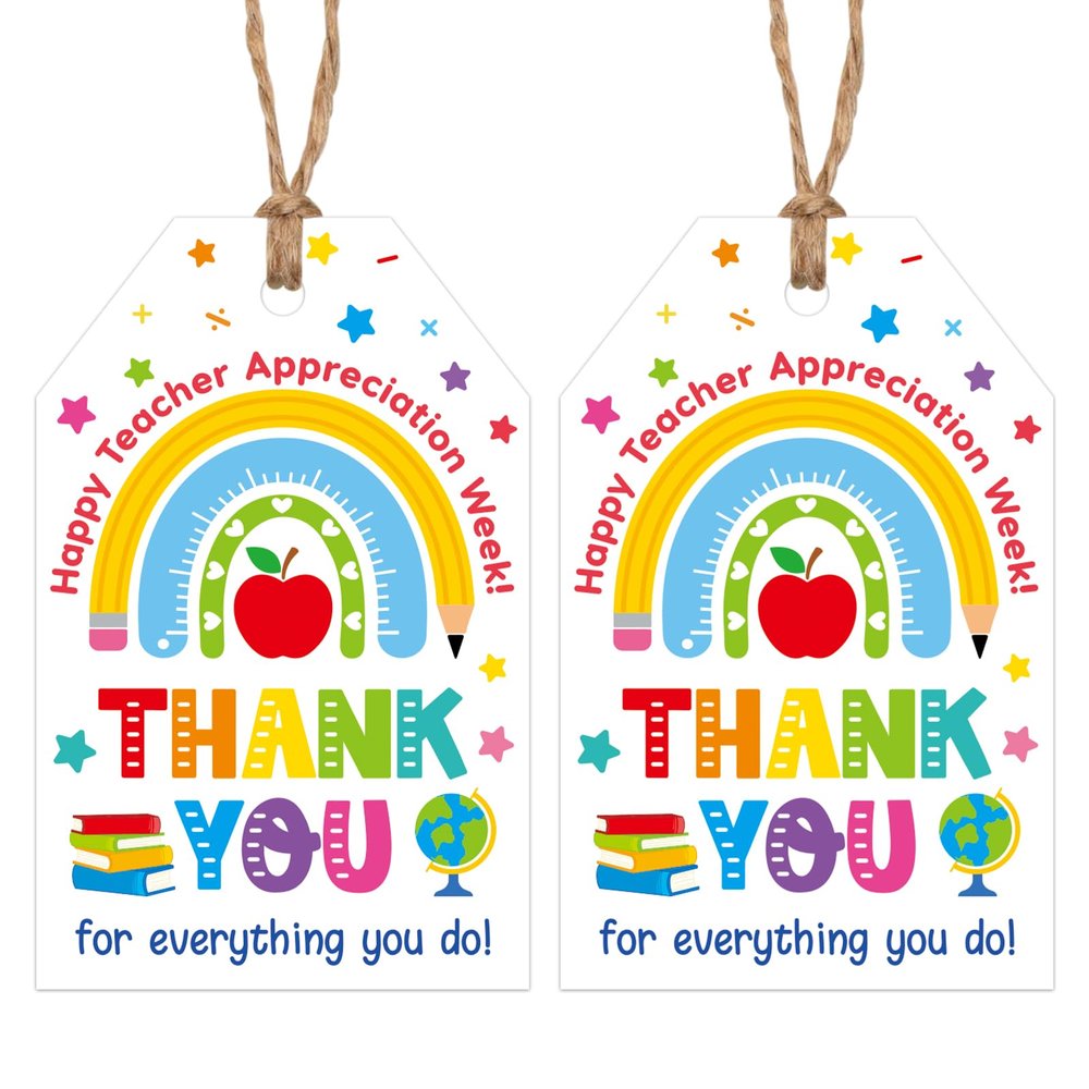 100 Pcs Thank You Teachers Tags with String Gifts Hanging Tags Labels Teachers Appreciation Week Boxes Bags Wrapping Supplies (Tag-2)