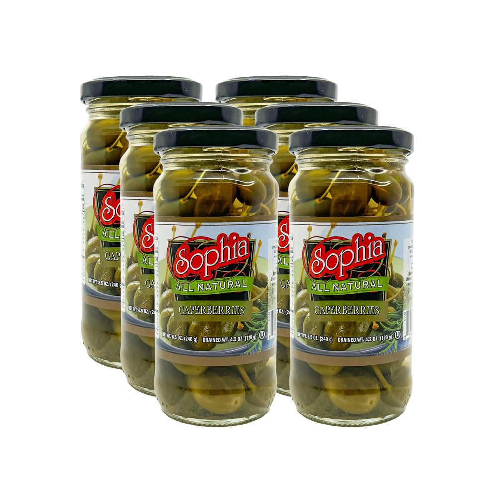 Sophia Caperberries in Brine, 8 oz Jars Mediterranean Capers, Gourmet Antipasto, Perfect for Cocktails, Charcuterie & Mediterranean Cooking (6-pack)
