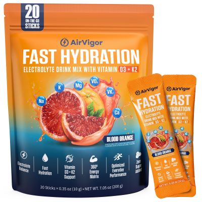 AirVigor Electrolyte Powder Packets with Vitamin D3 & K2, Zero Sugar Added Hydration Drink Mix for Muscle Recovery & Bone Health, Keto & Vegan, Blood Orange, 20 Sticks