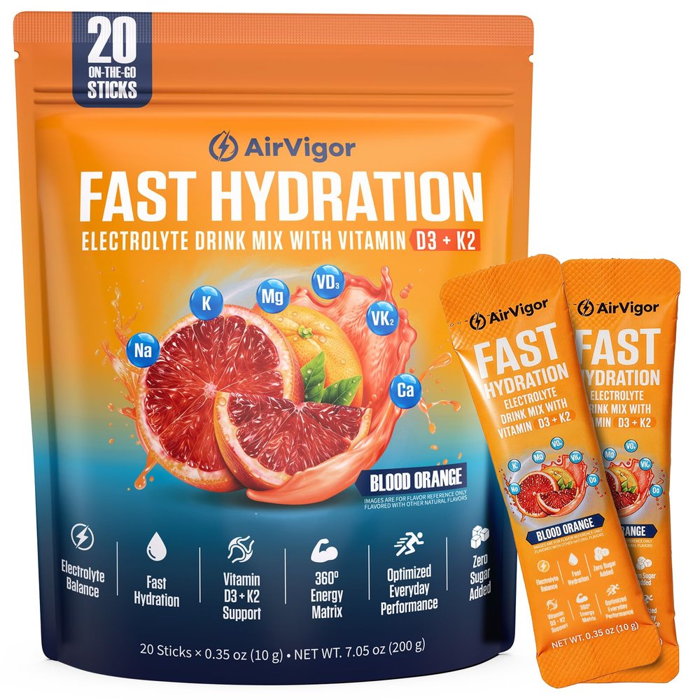 AirVigor Electrolyte Powder Packets with Vitamin D3 & K2, Zero Sugar Added Hydration Drink Mix for Muscle Recovery & Bone Health, Keto & Vegan, Blood Orange, 20 Sticks