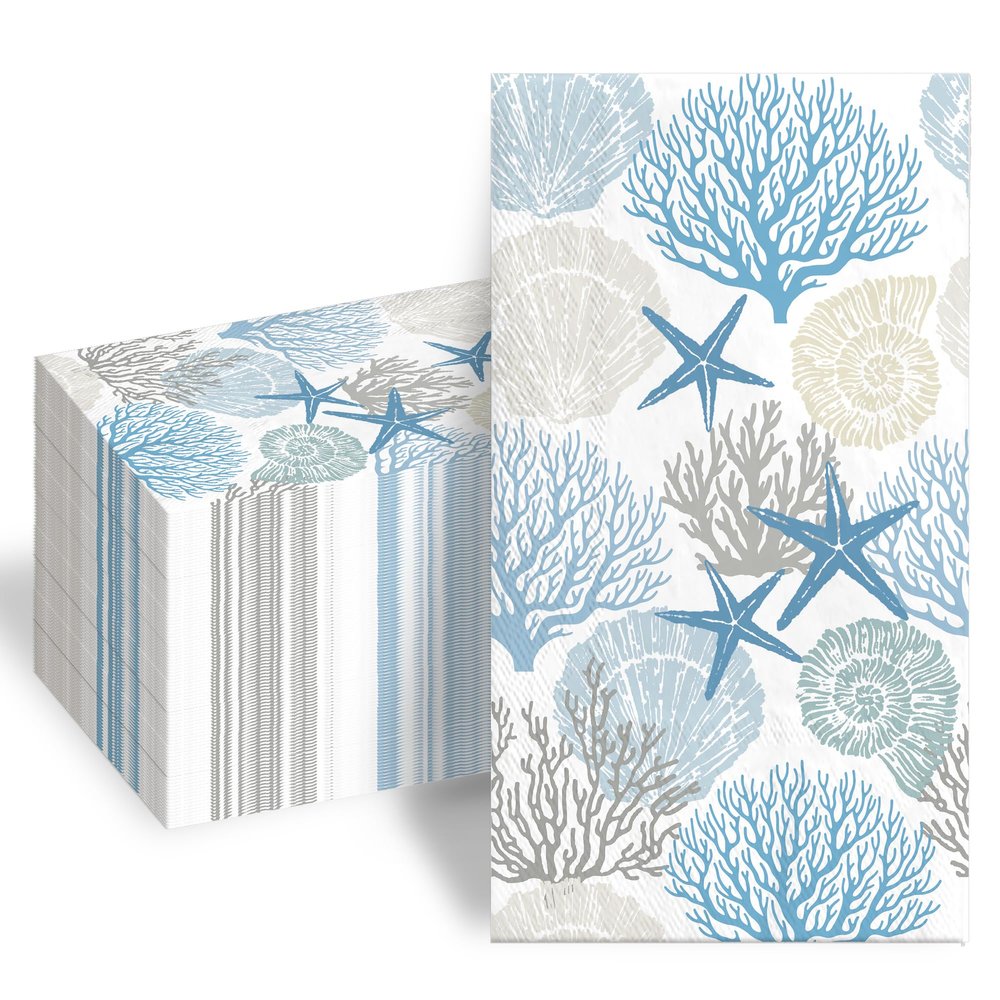 100Pcs Blue Starfish Paper Napkins 3 Ply Coastal Beach Disposable Hand Towels Ocean Guest Bathroom Napkins for Summer Wedding Bridal Birthday Party Supplies