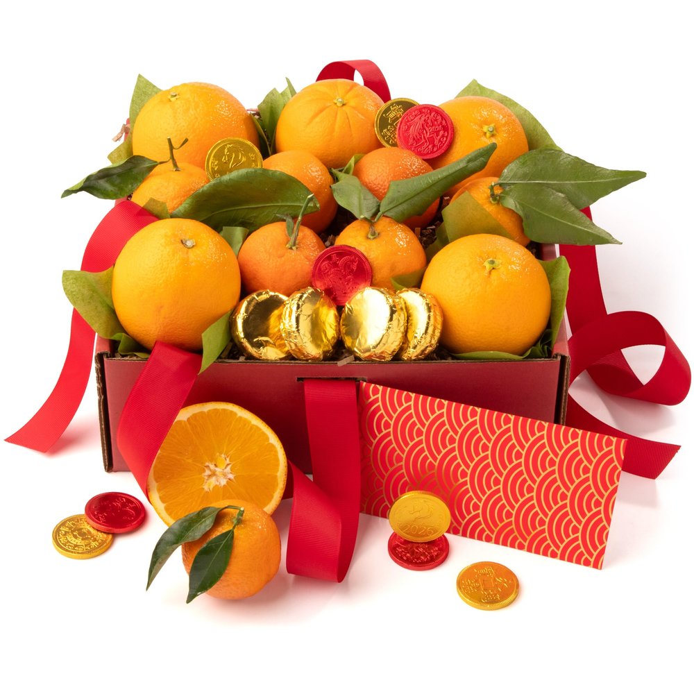 Lunar New Year Fruit & Chocolate Gift Box Fresh Premium Fruit with Artisan Chocolates, Chinese New Year Gift Basket for Family, Friends & Corporate Gifting