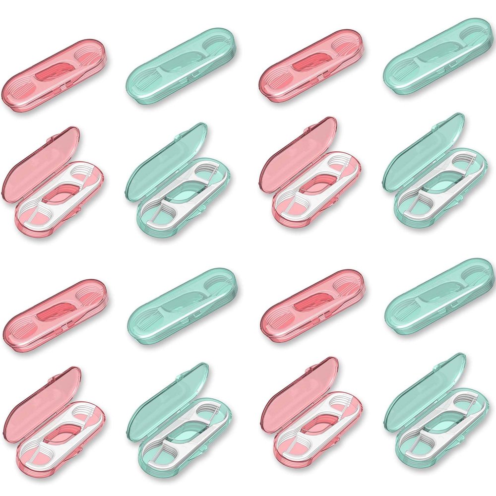 16 pcs Dental Floss Travel Portable Dental Floss Box with Replacement Set, Pink and Green (16)