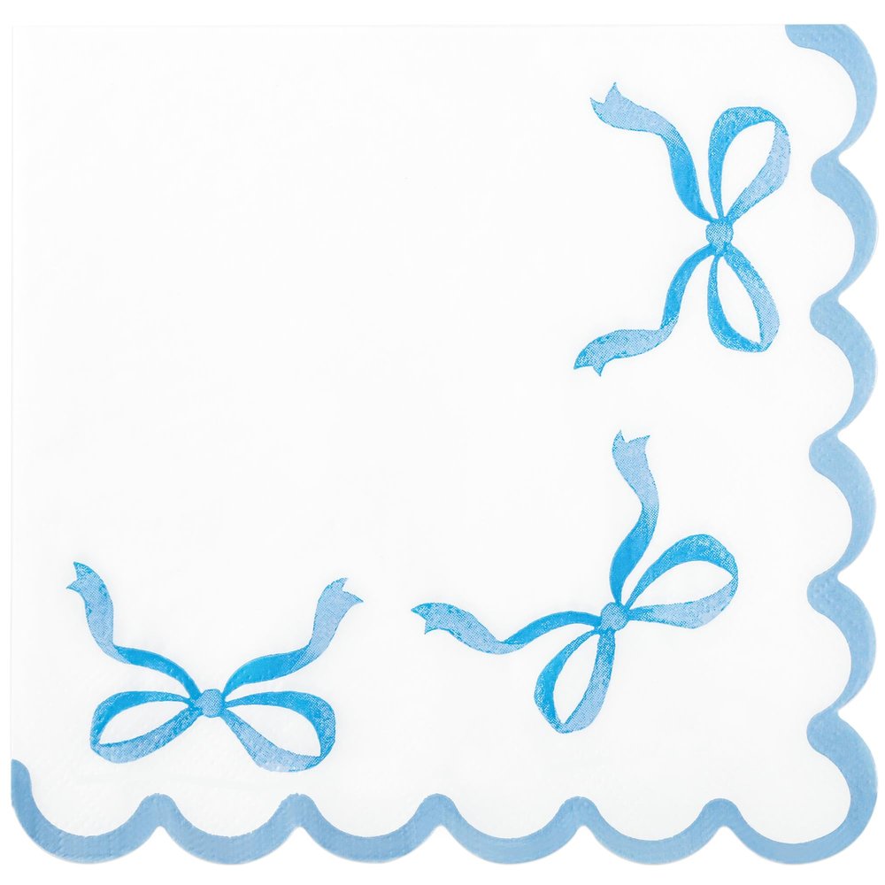 100 Blue Bow Paper Napkins Coquette Cute Disposable Party Napkins 6.5" Scalloped Edge White Blue Hand Towels for Birthday Bridal Bachelorette Party Supplies