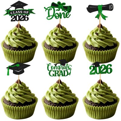 SHELEMB 48PCS Graduation Themed Cupcake Toppers for 2026, 6 Styles Cake Topper, Perfect for Decorating Party and Family Celebrations - Green