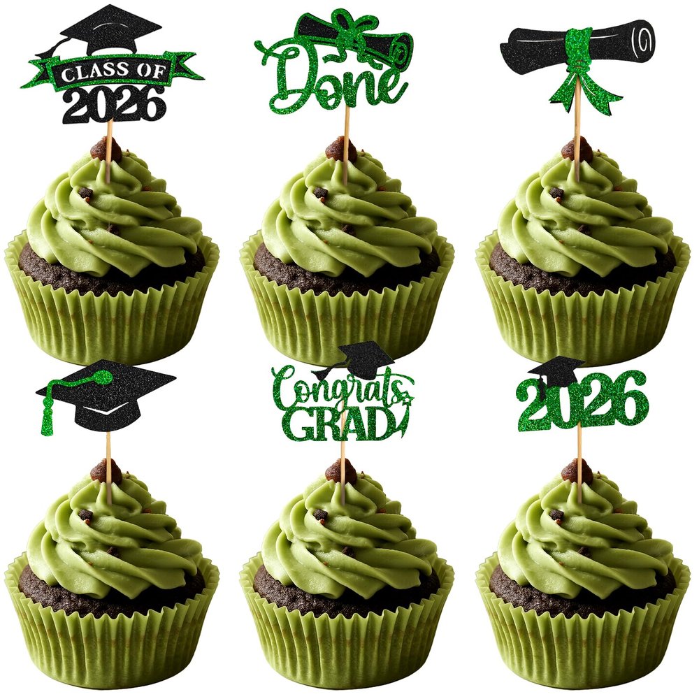 SHELEMB 48PCS Graduation Themed Cupcake Toppers for 2026, 6 Styles Cake Topper, Perfect for Decorating Party and Family Celebrations - Green