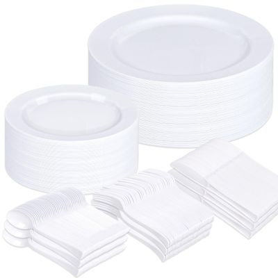 Sylans 250PCS White Disposable Plates White Plastic Plates for 50 Guests