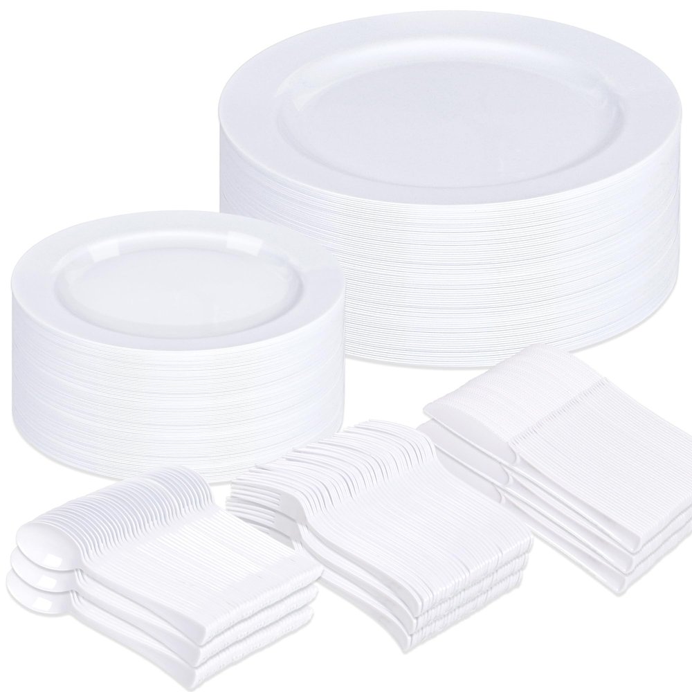 Sylans 250PCS White Disposable Plates White Plastic Plates for 50 Guests