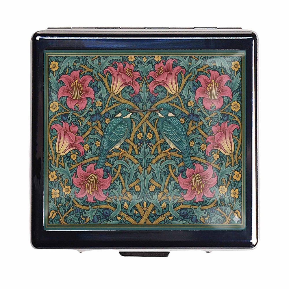 Pill Organizer Box with Mirror,8 Compartment Chrome Pill Case, Pocket-Size Travel Pill Container for Vitamins, Seniors, Daily Use,Rectangle 7 Days Pill Box Pill Case (Painted Birds)