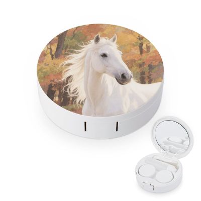 BKXHQMEDF Watercolor White Horse Printed Travel Contact Lens Case,Portable Contact Lens Container Soak Storage Kit With Mirror for Travel Office Daily