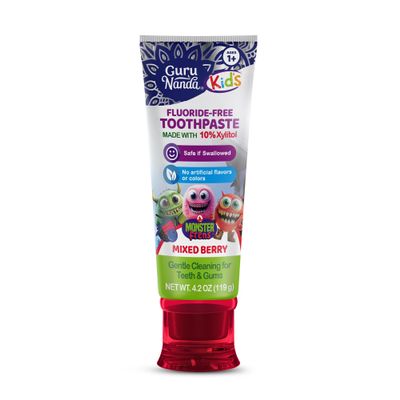 GuruNanda Kids Toothpaste for Toddlers with 10% Xylitol Fluoride-Free, Mixed Berry Flavor, Safe if Swallowed, Gentle Formula for Young Teeth & Gums, 4.2 oz