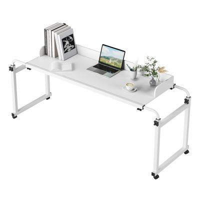 LEAQU Overbed Table with Wheels, Adjustable Height and Length, 47x16 Inches Wood Desktop, Rolling Bed Desk with Raised Baffle, Rectangular Laptop Cart for Bedroom, Living Room, Office (White)