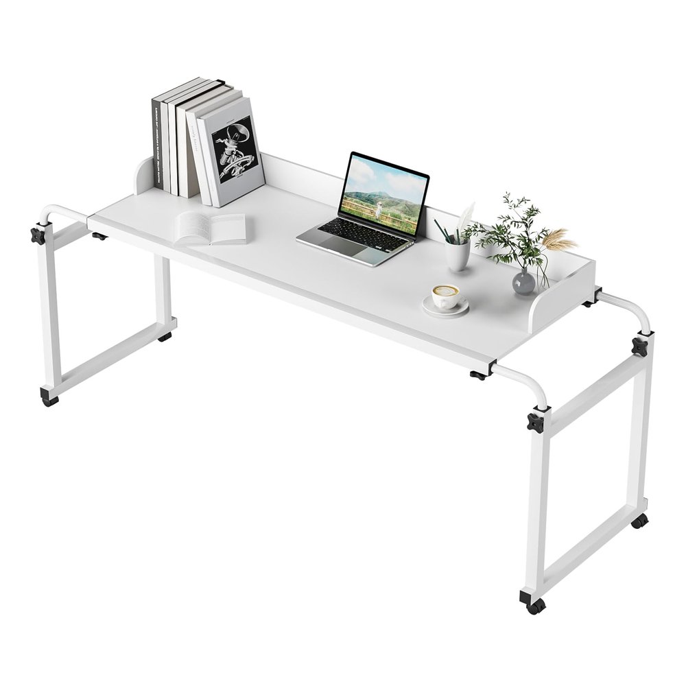 LEAQU Overbed Table with Wheels, Adjustable Height and Length, 47x16 Inches Wood Desktop, Rolling Bed Desk with Raised Baffle, Rectangular Laptop Cart for Bedroom, Living Room, Office (White)