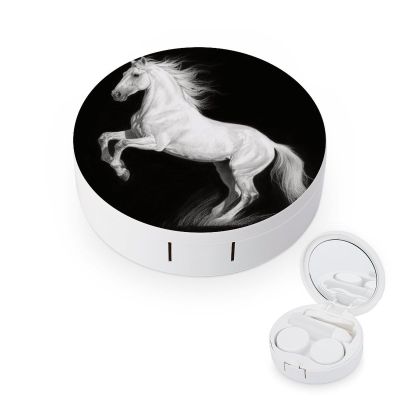 BKXHQMEDF White Horse Black Printed Travel Contact Lens Case,Portable Contact Lens Container Soak Storage Kit With Mirror for Travel Office Daily