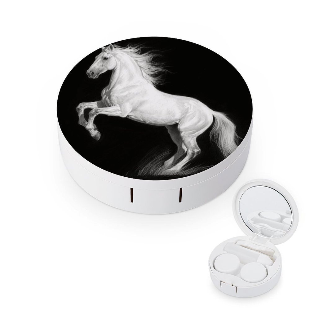 BKXHQMEDF White Horse Black Printed Travel Contact Lens Case,Portable Contact Lens Container Soak Storage Kit With Mirror for Travel Office Daily