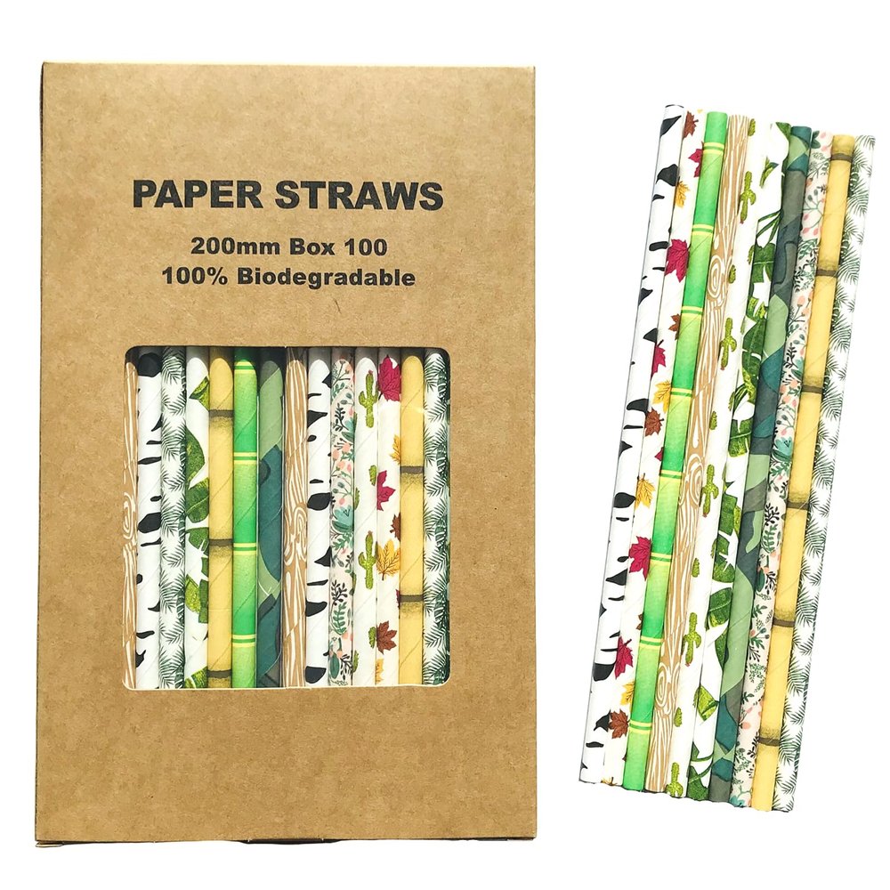 100 Pcs Mixed 10 Styles Wild Charm Paper Straws, Forest Woodland Jungle Green Brown Black Tree Leaf Birch Wood Grain Bamboo Palm Cactus Flower Party Drinking Straws, Safari Picnic BBQ Cake Pop Sticks