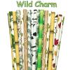 100 Pcs Mixed 10 Styles Wild Charm Paper Straws, Forest Woodland Jungle Green Brown Black Tree Leaf Birch Wood Grain Bamboo Palm Cactus Flower Party Drinking Straws, Safari Picnic BBQ Cake Pop Sticks view 2