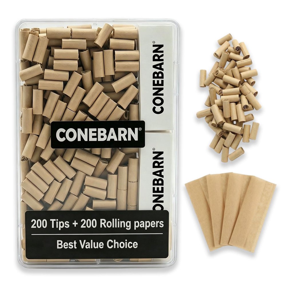 200 Pre-Rolled Tips & 200 Rolling Papers 1 1/4 Size (76x43mm) Kit - Unbleached Natural Rolling Combo in Crush-Proof Clear Storage Box - Perfect 1:1 Ratio, 4 Packs of 50 Sheets