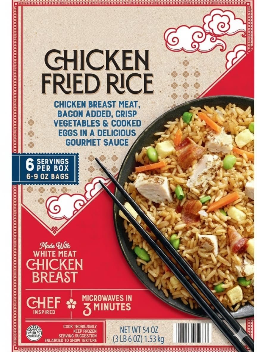 Chicken Fried Rice, Frozen , Chicken breast meat, bacon, crisp vegetables and cooked eggs . Our fried rice is made with juicy white meat chicken, savory bacon, tender vegetables, eggs and a gourmet chef-inspired sauce. Whether you want a quick snack