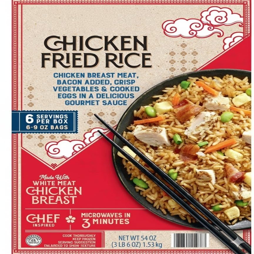 Chicken Fried Rice, Frozen , Chicken breast meat, bacon, crisp vegetables and cooked eggs . Our fried rice is made with juicy white meat chicken, savory bacon, tender vegetables, eggs and a gourmet chef-inspired sauce. Whether you want a quick snack