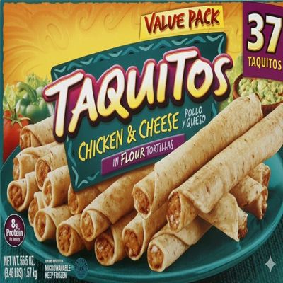 Chicken and Cheese Taquitos , Frozen , Grilled and seasoning in a crispy flour tortilla , Tasty grilled chicken is combined with real Monterey Jack cheese, onions, peppers and authentic seasonings and wrapped inside a crispy oven-baked flour tortilla