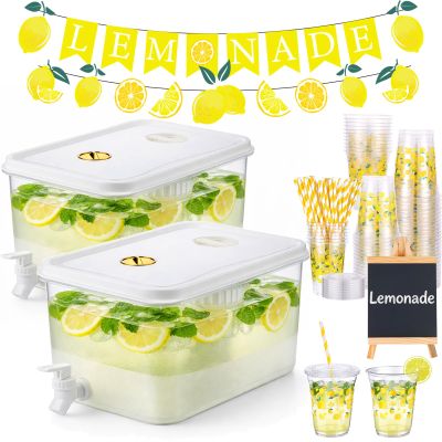 155 Pcs Lemonade Stand Supplies include 2 Pack 3.4 Gallon Drink Dispenser with Spigot,50 Sets 12oz Lemonade Disposable Cup with Lids Straws and Lemonade Banners, Blackboard