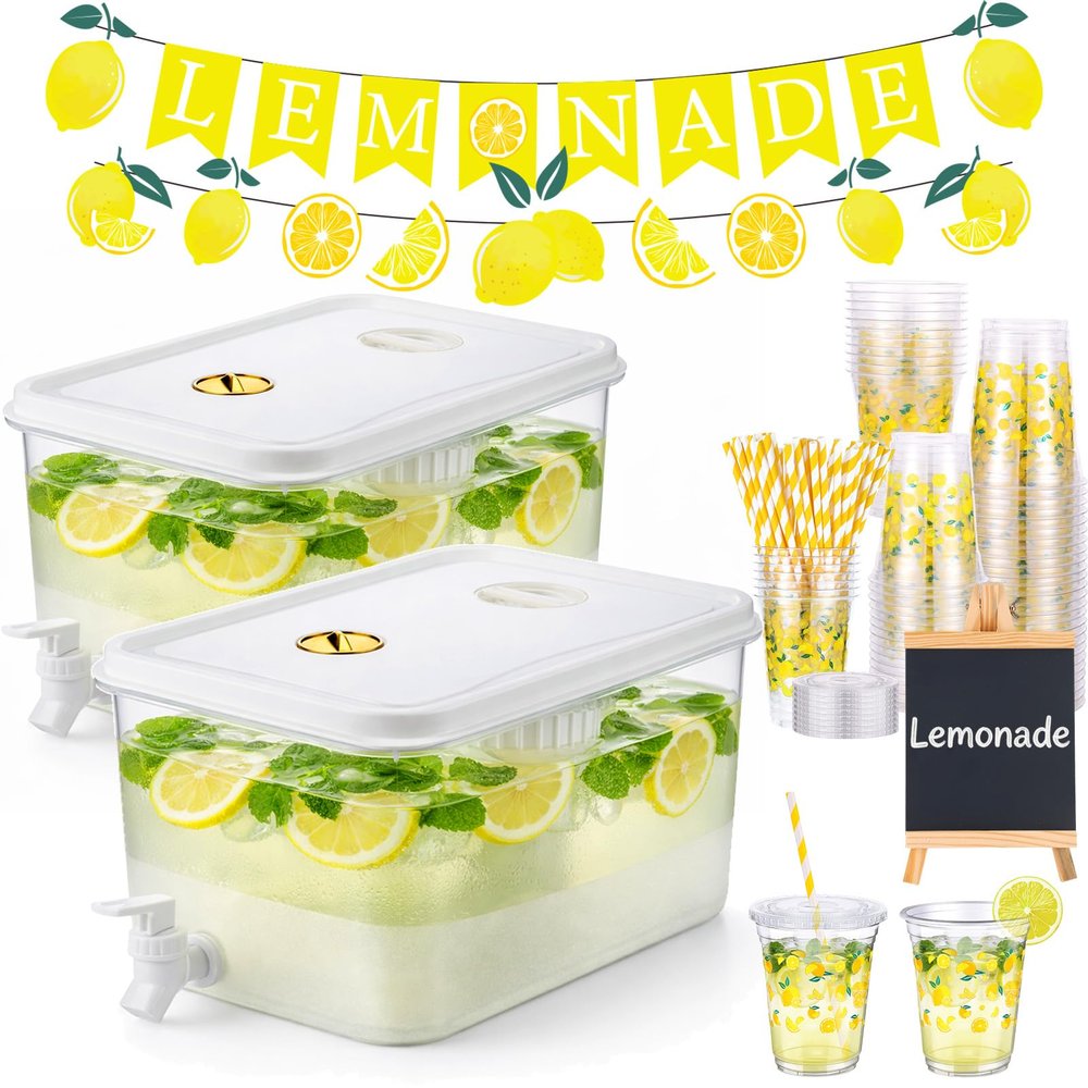 155 Pcs Lemonade Stand Supplies include 2 Pack 3.4 Gallon Drink Dispenser with Spigot,50 Sets 12oz Lemonade Disposable Cup with Lids Straws and Lemonade Banners, Blackboard
